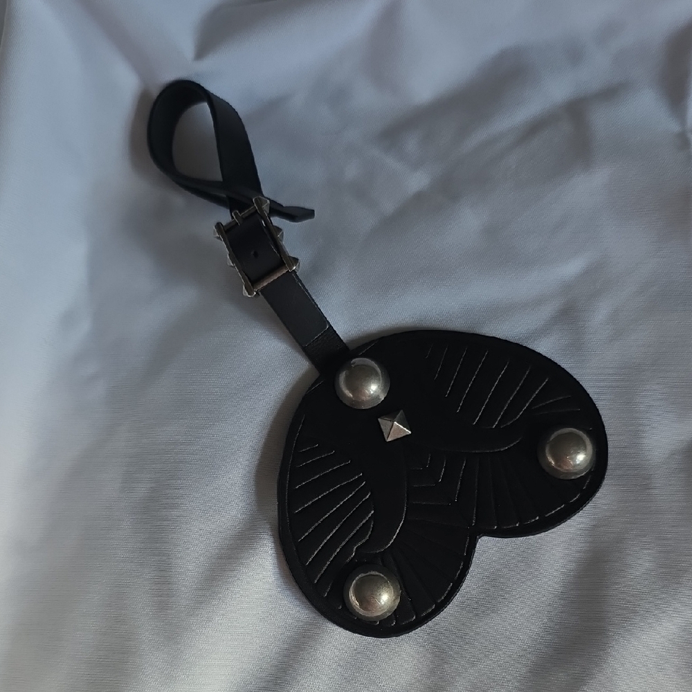Valentino Black Heart Leather Luggage Tag with Silver Studs